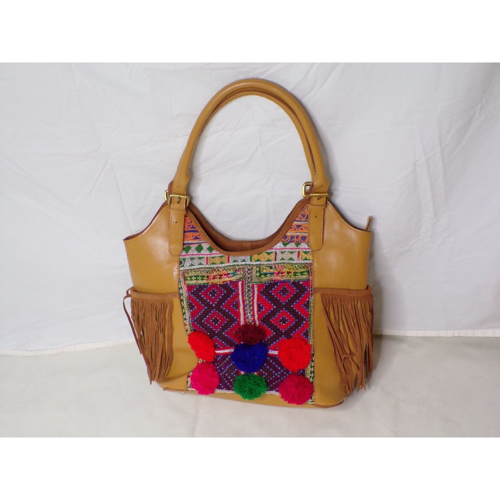 Vintage Addiction Large Leather Embroidered Pom Pom Fringe Tote Bag
